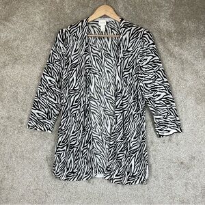Chico’s Cardigan Womens 3 Black White Animal Print 3/4 Sleeve Lightweight- 9900*